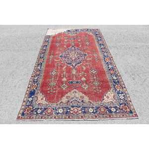 Tapis vintage 4,7x8,5 pieds, tapis turc, tapis persan en laine rouge et bleu - Product Image 1