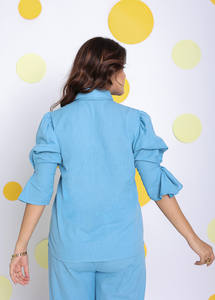 Camisa de trabajo informal de lino azul cielo sólido, cuello con patrón occidental, mangas abotonadas sin mangas, estilo dulce, suministro directo de fábrica - Product Image 4