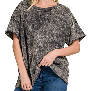Nueva llegada personalizada al por mayor precio cómodo algodón ácido lavado camiseta para mujeres en tamaño adulto - Product Image 1