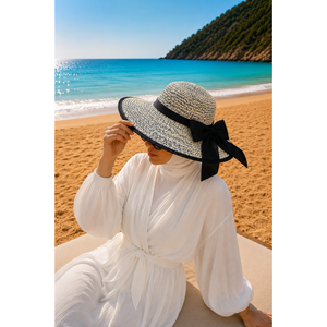 Chapeau de paille souple bleu marine Valencia avec nœud, large bord style Panama, en paille de blé imprimée et herbe de papier Toquilla pour fêtes en extérieur - Product Image 2