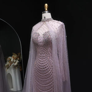 Jancember LSZ165 Robe de soirée sirène en cristal <span class=keywords><strong>champagne</strong></span> avec perles musulmanes et châle - Product Image 3