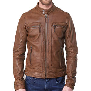 Chaqueta de cuero de motorista Premium marrón Chaqueta de bombardero de cuero de motocicleta con cinturón asimétrico marrón clásico Chaqueta real para hombres - Product Image 4