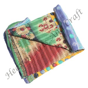 Bohemian Floral Printed Cotton Kantha Bedding Blanket Gudri <b>Throw</b> Indian Reversible Hand Stitched Heavy <b>Throw</b> Old Sari Blanket - Product Image 3