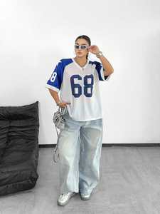 Bleu marine 68 maille Jersey chemise surdimensionné Streetwear unisexe col en V haut de sport Hip Hop Varsity Style été t-shirt hommes T-shirts - Product Image 4