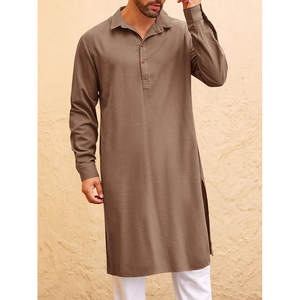 Hombres Algodón Kurta Indio Musulmán Kurta Clásico Mandarín Collar Mangas Largas Lado Dividir Ropa Étnica para Boda - Product Image 4
