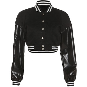 New Style Cropped Women Varsity <b>Jacket</b> Contrast Color Stand Collar <b>Long</b> <b>Leather</b> Sleeves Baseball Cropped Varsity <b>Jacket</b> - Product Image 1