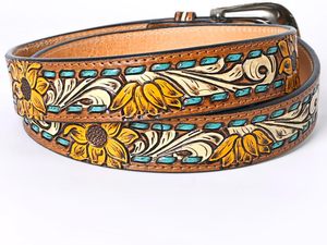 Nuevo Western Stylish Real Genuine Hand Tooled Leather Floral Design Belts Cinturón de cintura unisex de cuero hecho a mano de alta calidad - Product Image 2