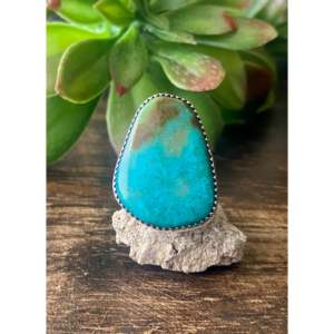 Leslie Nez Kingman Fine Jewelry <b>Dainty</b> Platinum <b>Ring</b> Smooth Turquoise Sterling Silver Rectangle Shape Size 7.75 Everyday Wear - Product Image 1