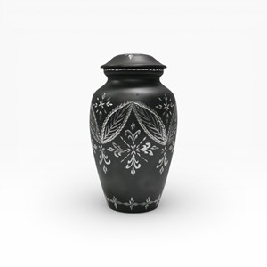 Urne funéraire classique noire à motif floral avec gravure argentée pour usage commémoratif traditionnel - Product Image 1