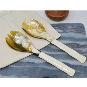 Stylish Handmade Resin & Horn Salad Server Spoon and Fork with Long Handle Modern Party <b>Table</b> Accessories-Eco-Friendly - Product Image 1