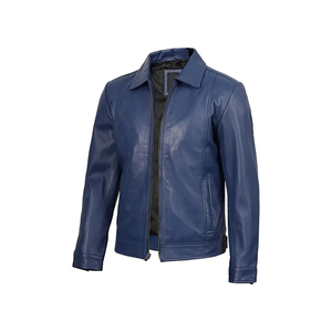 Veste en cuir PU bleu pour homme, fermeture éclair, col rabattable, manches régulières, style automne - Product Image 1