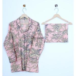 Conjunto de Pijama Informal y Sexy de Estilo Indio, Estampado a Mano, 100% Algodón Tejido con Diseño Floral, Transpirable, Tallas Grandes Disponibles - Product Image 3