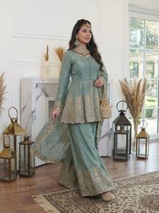 Designer Ethnic Wear Embroidery Sequence Work Fandy Silk <b>Top</b> With Plazzo Bottom And Dupatta Fully Stitched Ready To Wear Set - Product Image 3