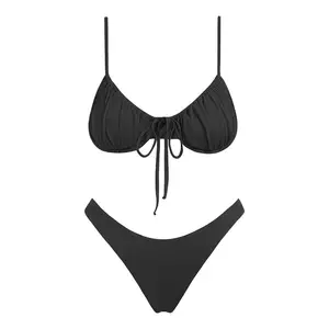 Two Pieces Bikini for Women Black Solid Color Full Simple Plain Bikinis Set for Women