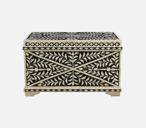 Luxurious Handcrafted Bone Inlay Decorative <b>Box</b> Featuring Elegant Black And White Floral Leaf Pattern <b>Large</b> Rectangle Storage - Product Image 4