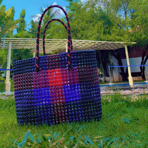 Métier à tisser manuel à la mode écologique personnalisé sacs de plage et cosmétiques recyclés étuis à provisions à rayures tissés en plastique à fermeture éclair réutilisables - Product Image 1