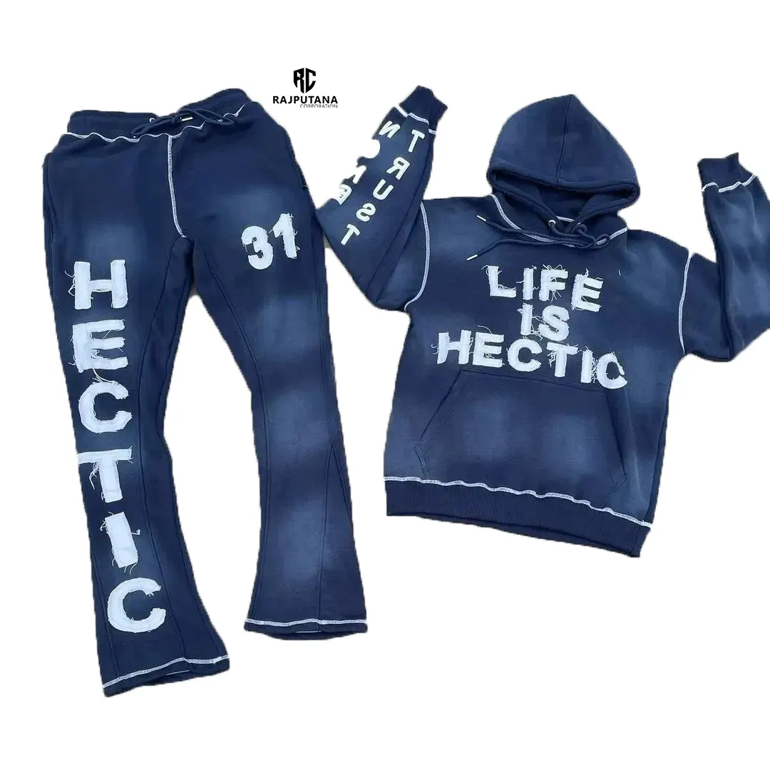 Người đàn ông của mặt trời phai mờ đau khổ thêu Tracksuit thể thao áo thun trùm đầu chạy mặc giản dị chạy rửa axit rửa đá Tracksuit