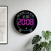 Jam Dinding LED Multifungsi Huayang, Tampilan Suhu Kelembaban Digital, Alarm, Timer, Kalender, Lampu Ambient RGB
