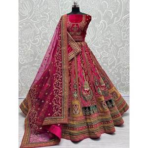 Lehenga Choli de mariée en velours rose Rani de qualité supérieure avec dupatta, vêtements de mariage - Product Image 3