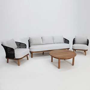 Elegante juego de bistró de madera con cómodos cojines beige y mesa de centro, perfecto para el café de la mañana en el balcón - Product Image 1