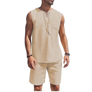 Conjunto de Verano de 2 Piezas para Hombre, Talla Grande, Transpirable, de Bambú, Camiseta sin Mangas con Cordón y Pantalones Cortos a Juego - Product Image 1