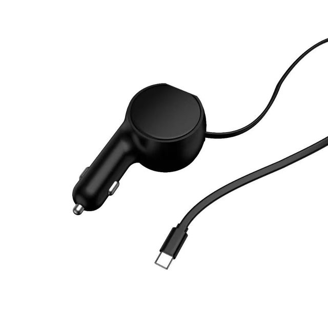 Factory Wholesale 60W PD USB-C + USB Car Charger 5V 3A 9V 2A 12V 1.5A with Retractable Cable 12-24V for Mobile Phone