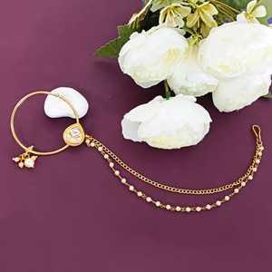 Indian Manufacturer Jewelry Crystal Kundan Faux Pearl Wedding <b>Nose</b> Ring Hoop <b>Pin</b> Stud Nath With Ear Chain Jewellery for Women - Product Image 2