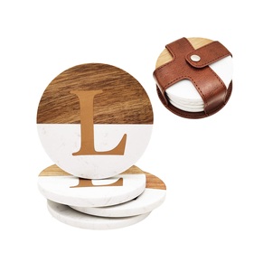 Sous-verres classiques en marbre avec incrustation de pierre de qualité supérieure Conception ronde écologique Diamètre personnalisé Emballage personnalisé Couverture en cuir - Product Image 1