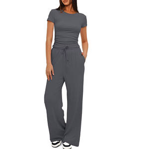 Vente en gros de survêtements à manches longues ou à manches courtes et jambes larges, ensembles assortis et décontractés, vêtements de sport pour l'entraînement, pantalons taille haute - Product Image 4