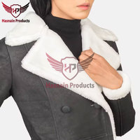 Manteau long en cuir véritable noir pour femme, style trench, double boutonnage, avec fourrure synthétique contrastante, coupe classique, vêtements d'extérieur tendance