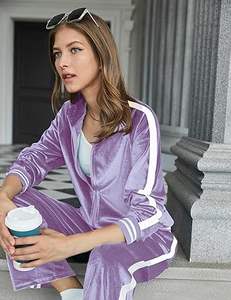 Chándal de terciopelo de otoño para mujer, conjuntos recortados de Color púrpura con cremallera, chándal de terciopelo transpirable, conjunto de dos piezas - Product Image 5