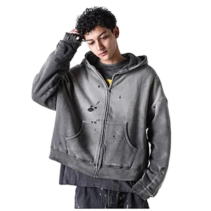 Vente en gros d'épaules tombantes élégantes au design unique Délavage à l'acide solide Hiver Sweats à capuche avec fermeture éclair de haute qualité Poids lourd - Product Image 2