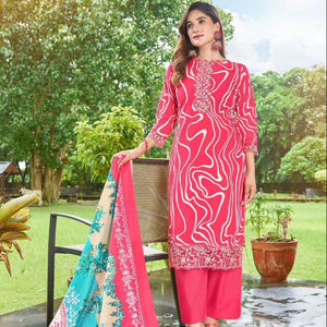 Matériel de robe imprimée Pure Lawn magnifiquement conçu avec des vêtements indiens et pakistanais de style décontracté Mal Mal Dupatta pour adultes - Product Image 1