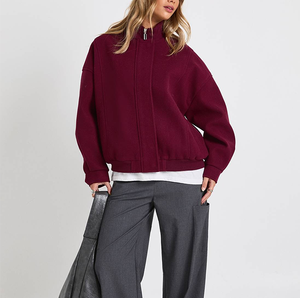 เสื้อแจ็คเก็ตบอมเบอร์ปักลายไหมพรมขนสัตว์สำหรับฤดูใบไม้ร่วง  คอตั้ง  สีพื้น  สำหรับฤดูหนาว  สำหรับผู้หญิง  สีแดงเบอร์กันดี  สไตล์วาร์ซิตี้ - Product Image 5