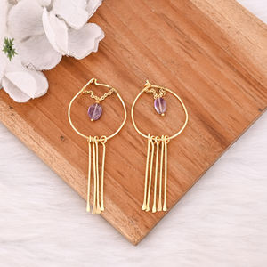 Pendientes de Botón de Latón Chapado en Oro de Estilo Clásico, Pendientes de Piedras Preciosas de Amatista, Joyería para Mujer para Bodas, Fiestas, Regalo Perfecto - Product Image 2
