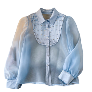 Automne Tissé Respirant À Manches Longues Casual Mesh Blouses avec Diamants pour Femmes Écologique Tops En Gros - Product Image 4