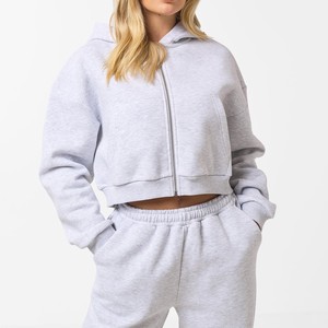 Conjunto de 2 Piezas de Ropa Urbana de Algodón Grueso para Mujer, Sudadera con Capucha y Cremallera con Hombros Caídos, Pantalones Deportivos de Diseño Liso, Producción al por Mayor OEM - Product Image 3