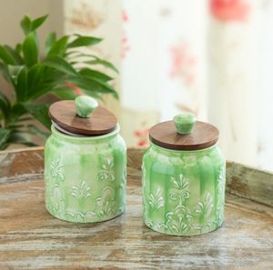 Green Keepers Multi-Utility Storage <b>Jars</b> & Containers In Ceramic With Wooden Lid Set of 2 Hand-Embossed <b>Airtight</b> - Product Image 2