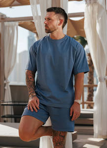 Venta caliente Deep Indigo Oversize Fit 2 piezas de tela de algodón lavado Conjunto de camiseta y pantalones cortos para hombre Gimnasio y entrenamiento Playa y ropa de calle - Product Image 5