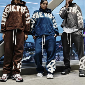 OEM Terry Embroidered Distressed Applique Logo Streetwear Vintage <b>Oversized</b> Two Piece <b>Jogger</b> Set Raw Hem Acid Wash Tracksuit Men - Product Image 5