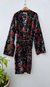 Kimono de terciopelo de algodón, albornoz largo, ropa de dormir suave, con botones de bolsillo, albornoz de terciopelo con estampado de pájaros - Product Image 6