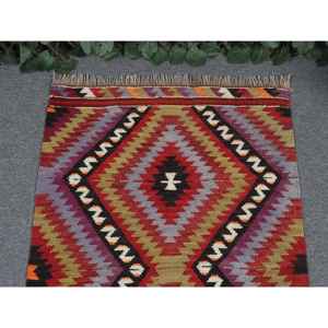 พรมตุรกีขนาดเล็ก, พรมวินเทจขนาด 2x3.3 ฟุต, พรมขนสัตว์ลายทางสีแดง - Product Image 3