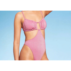 Costume da bagno intero da donna Wild Fable in lurex rosa con design cut-out e scollo senza spalline, personalizzabile con logo, disponibile nelle taglie XS, S, XL, XXS - Product Image 3