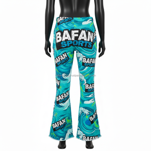 กางเกงขาบานผู้หญิง ผ้าสเตรช 300 GSM ลายคลื่นสีฟ้า พิมพ์โลโก้ตามสั่ง คุณภาพพรีเมียม ทรงสวยทันสมัย - Product Image 2