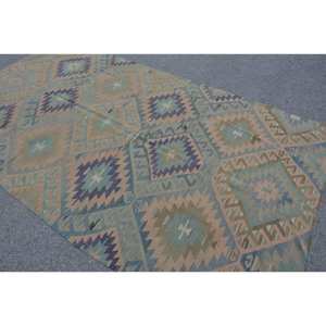 Alfombra Kilim turca Vintage 5,6X10,1 pies Beige negro Diseño a rayas de látex de lana para sala de estar pasillo adolescentes estilo Patchwork - Product Image 4