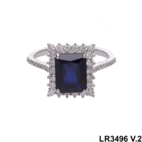 Cincin Halo Safir Biru Mewah Bentuk Persegi Panjang untuk Wanita Desain Halo Ganda Elegan Perak Berlapis 925 Perhiasan Pertunangan dan Pesta