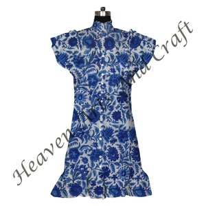 Elegante mujer algodón vestido de verano corto sin mangas Vestido de playa dobladillo grande Vintage estampado Halter mano bloque estampado vestido Casual - Product Image 2