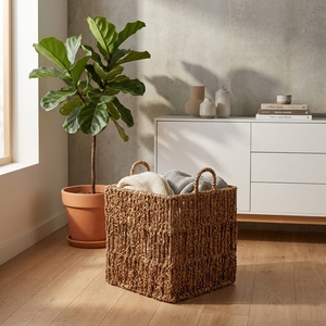 Natural Hand Woven Seagrass Water Hyacinth Square Storage <b>Basket</b> Arch Handle <b>Cube</b> Shelf Organizer Setup Decor Pure Art Design - Product Image 6