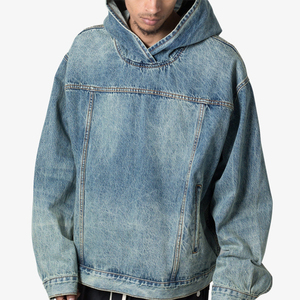 เสื้อฮู้ดผ้ายีนส์แบบสวมหัวสำหรับผู้ชายทรงหลวมสีซักผ้าแบบกำหนดเองได้ - Product Image 1