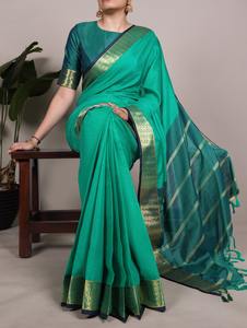 Vêtements de mariage indiens en coton poly, collection de saris avec travail de tissage zari, prix bas et meilleure qualité, saris pour les fêtes - Product Image 3
